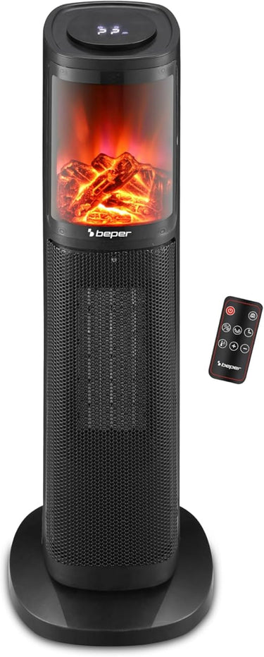 BEPER P203TER010 Termoventilador cerámico de columna, 2000W, Panel de control táctil, Llama LED, Mando a distancia incluido, Negro